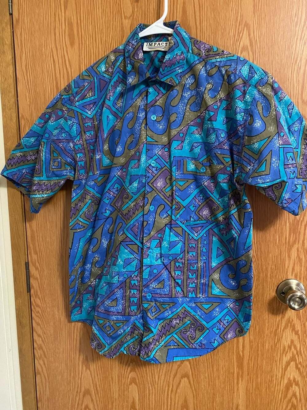 Vintage Impact Geometric Abstract Pattern Short Sleeve Cotton Shirt Size Medium